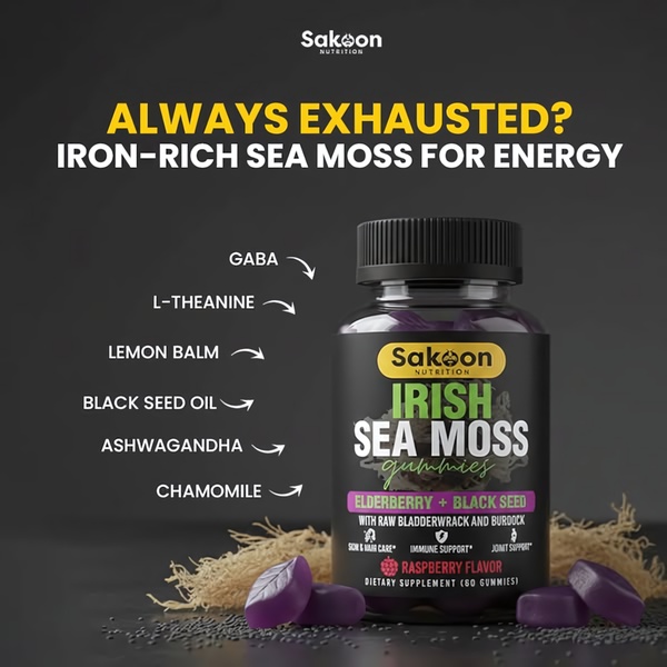 A 1:1 format advertisement showing Irish Sea Moss gummies with clear, annotated callouts of key supplement ingredients.